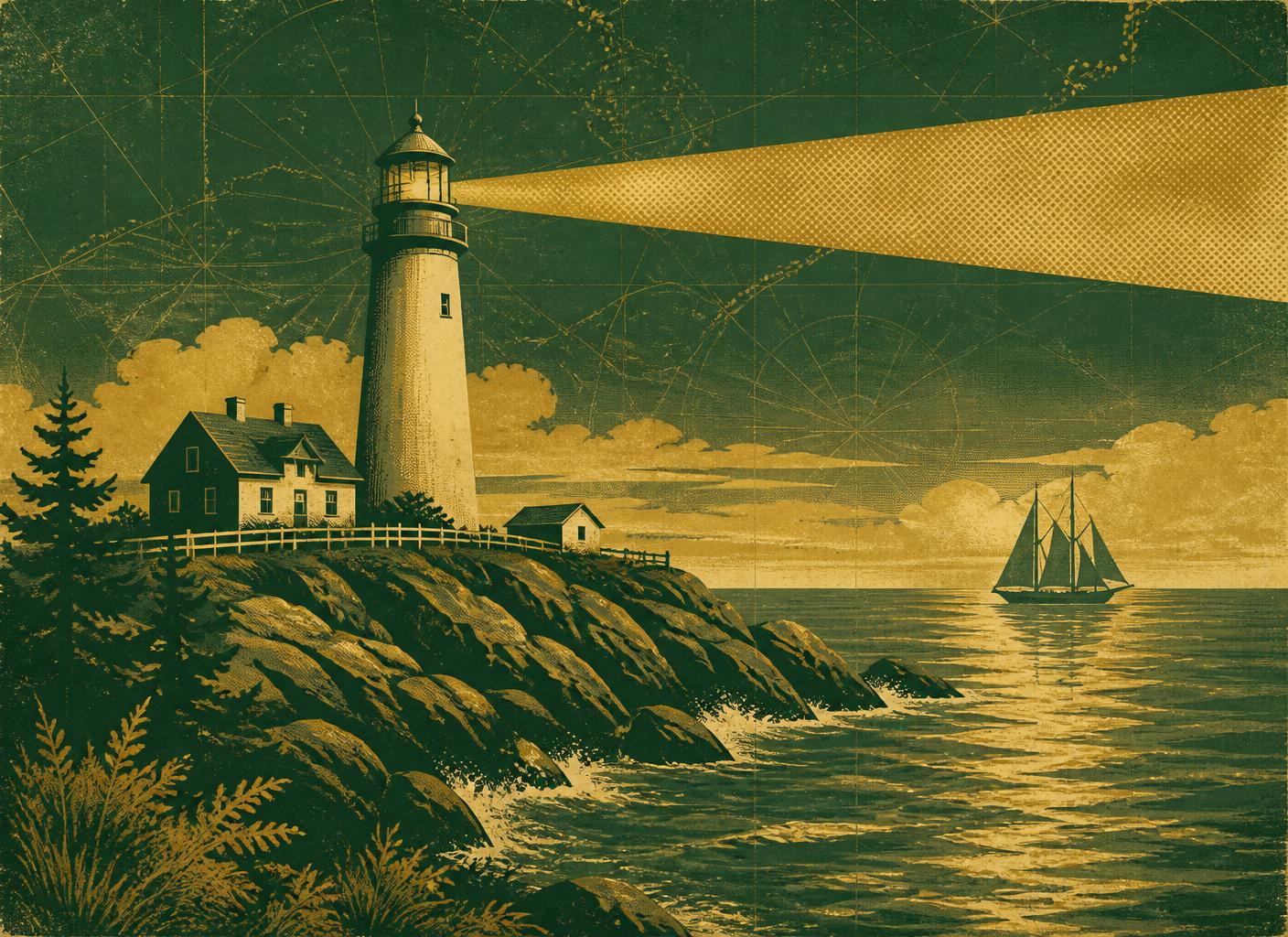 Illustrated New England lighthouse casting its beam over the Atlantic coastline at dusk